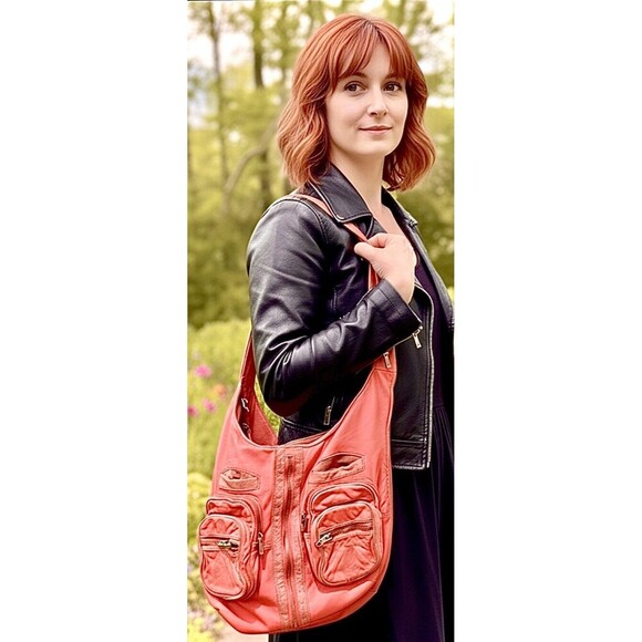 ALEXANDER WANG Donna Red/Pink Distressed Leather Hobo Crossbody Knot Zipper Bag